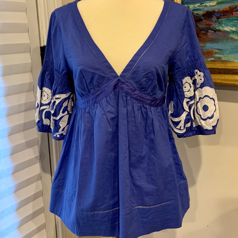 Anthro Beautiful Lithe Blue Embroidered Blouse Top